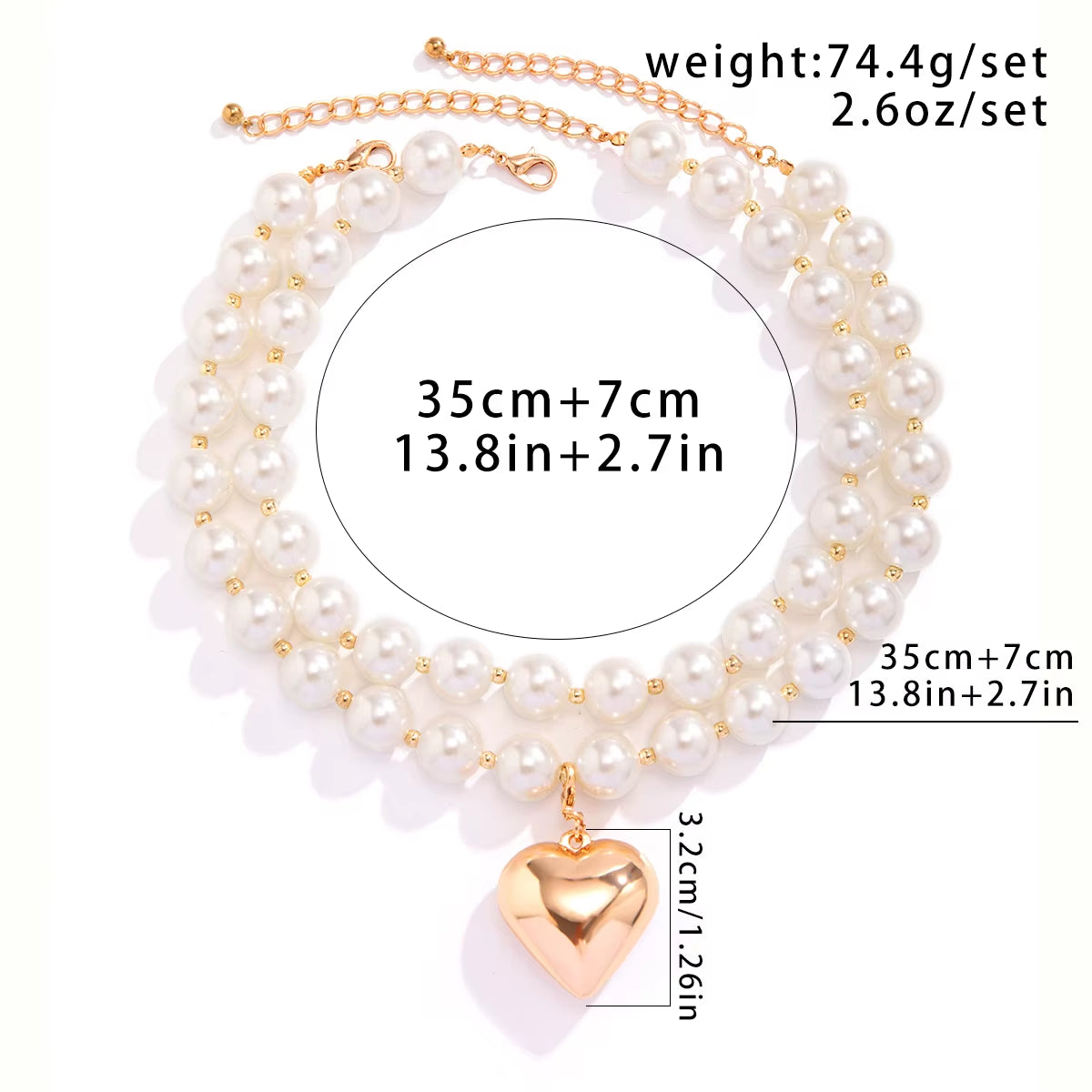 2Pcs Elegant Goth Imitation Pearl Beads Chain Necklace for Women Vintage Love Heart Pendant Choker Y2K Jewelry Wed Accessories